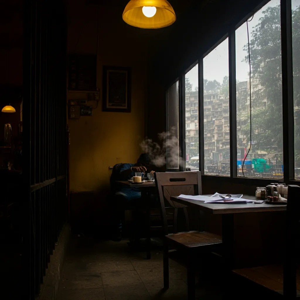 Rain-soaked streets of Mumbai, a small diner with a person corner of the cafe, seated a few tables away, eyes lingering just a little too long on conversation