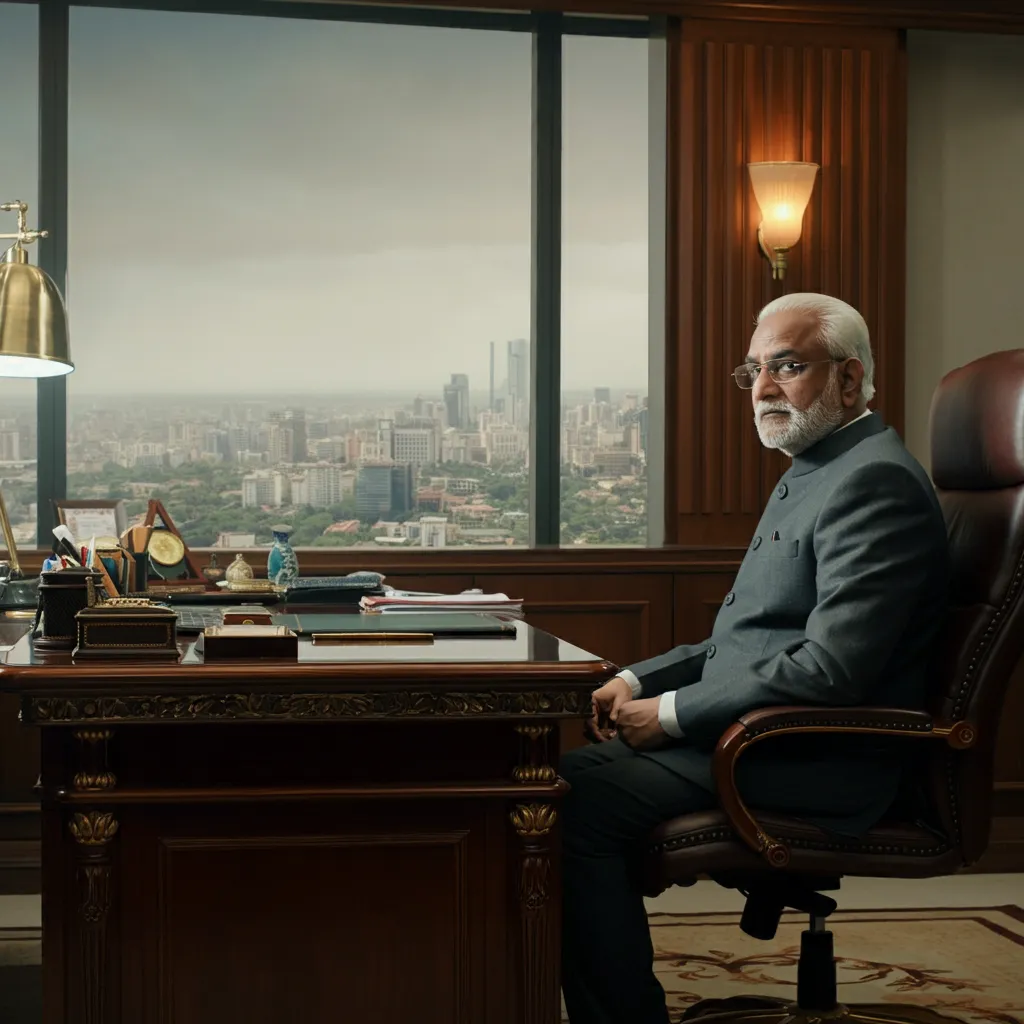 Side-angle shot of builder in his lavish office, seated behind a grand desk with a cold, calculating gaze.