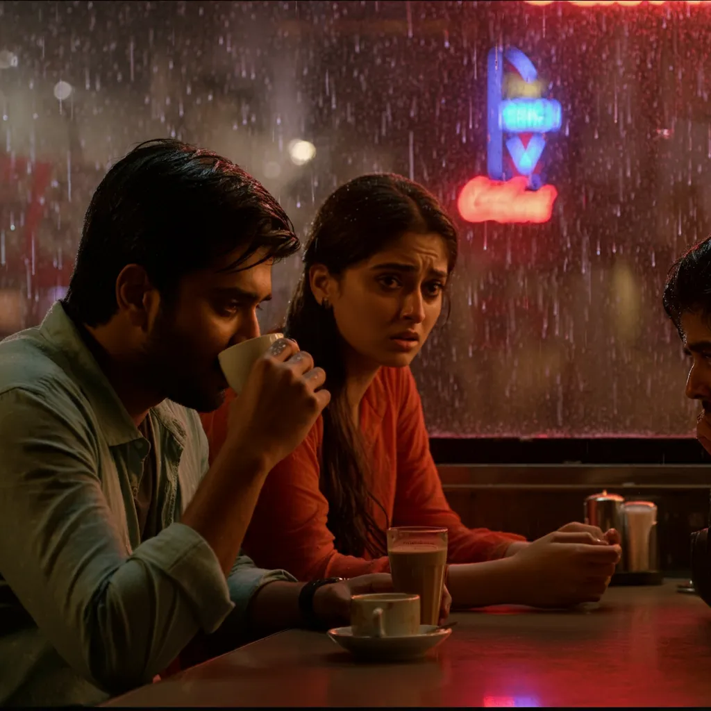 Rain-soaked streets of Mumbai at night, a small diner glowing in the distance